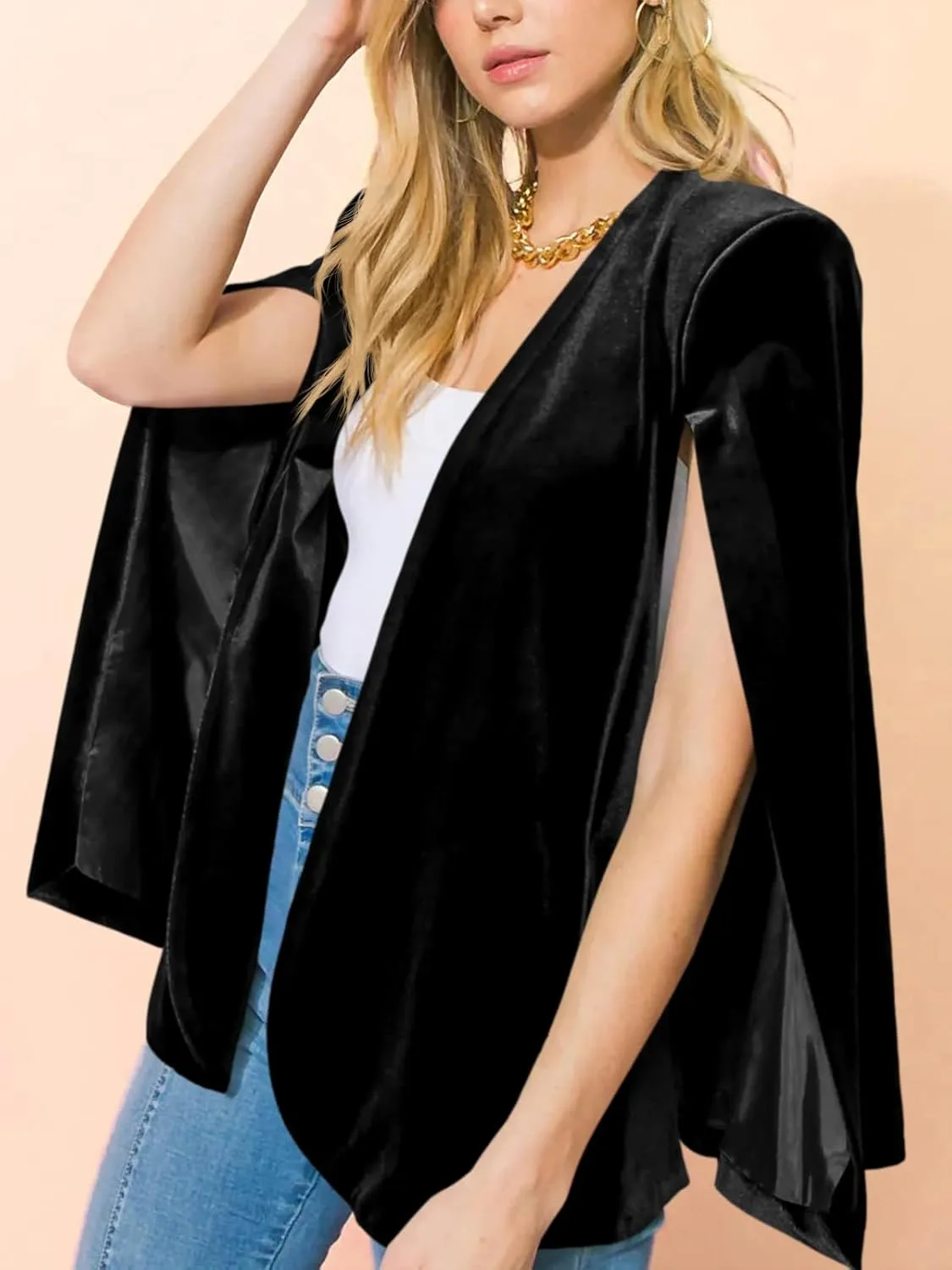 Cicy Bell Women's Velvet Cape Blazer Jackets Casual Split Long Sleeve Open Front Coat