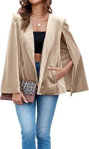 Cicy Bell Women's Velvet Cape Blazer Jackets Casual Split Long Sleeve Open Front Coat