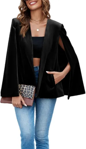 Cicy Bell Women's Velvet Cape Blazer Jackets Casual Split Long Sleeve Open Front Coat
