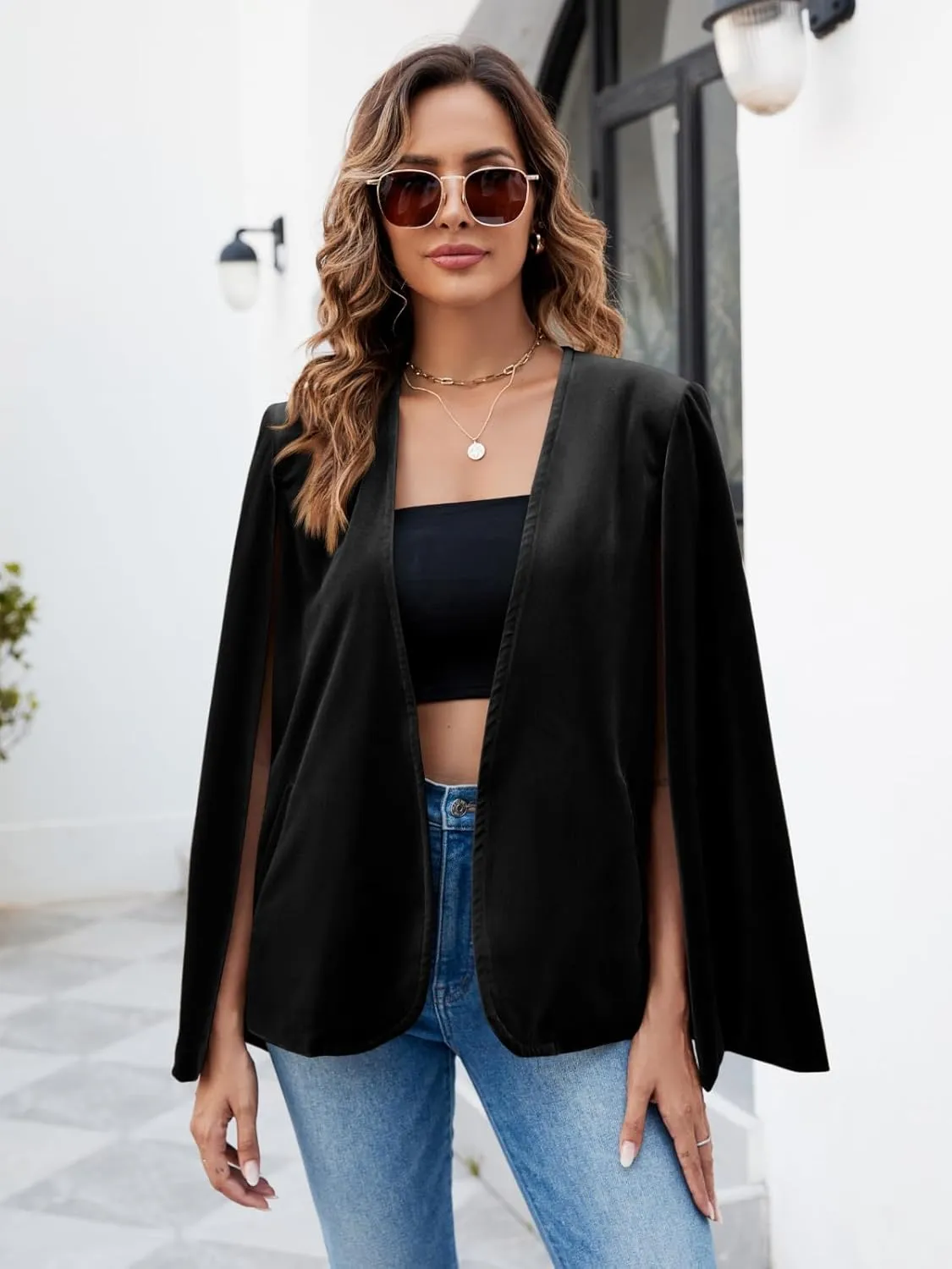 Cicy Bell Women's Velvet Cape Blazer Jackets Casual Split Long Sleeve Open Front Coat