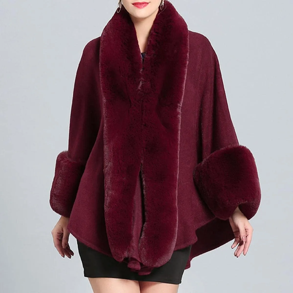 Cloak for Women Batwing Sleeve Faux Fur Trim Poncho Cardigan Shawl Cape Coat