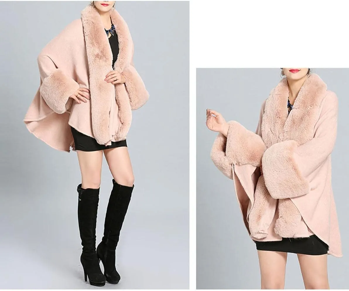 Cloak for Women Batwing Sleeve Faux Fur Trim Poncho Cardigan Shawl Cape Coat