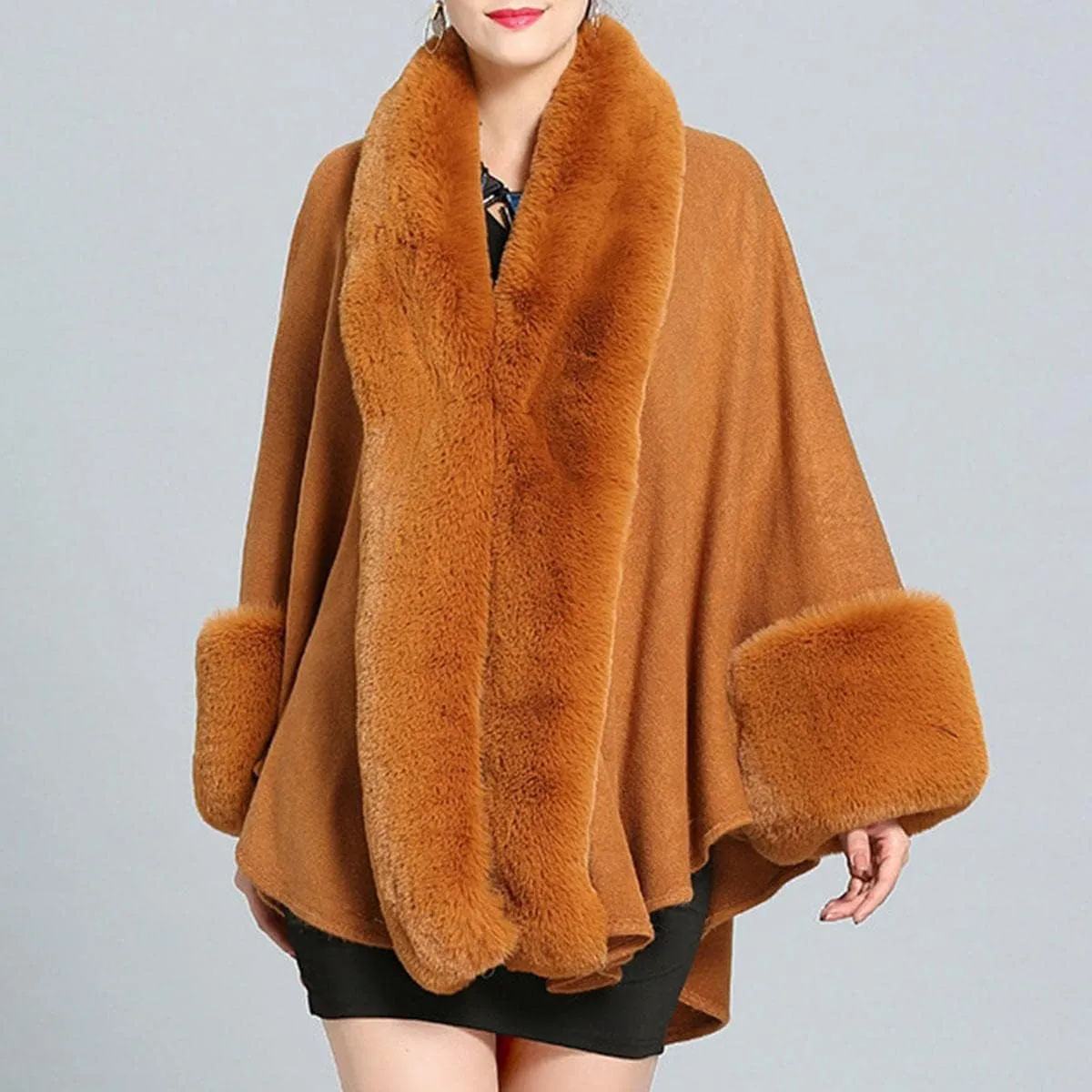 Cloak for Women Batwing Sleeve Faux Fur Trim Poncho Cardigan Shawl Cape Coat