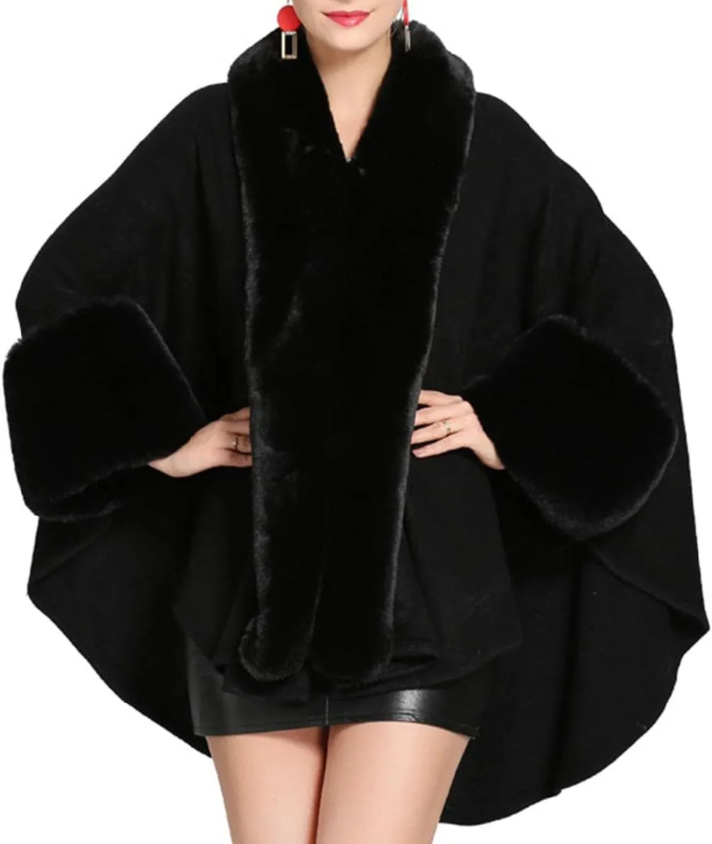 Cloak for Women Batwing Sleeve Faux Fur Trim Poncho Cardigan Shawl Cape Coat