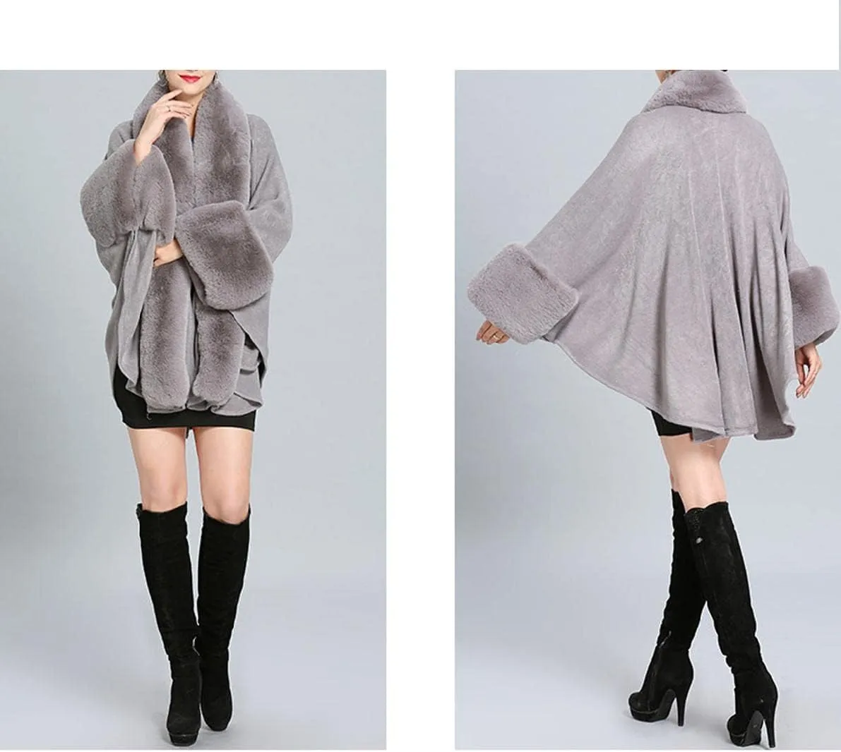 Cloak for Women Batwing Sleeve Faux Fur Trim Poncho Cardigan Shawl Cape Coat
