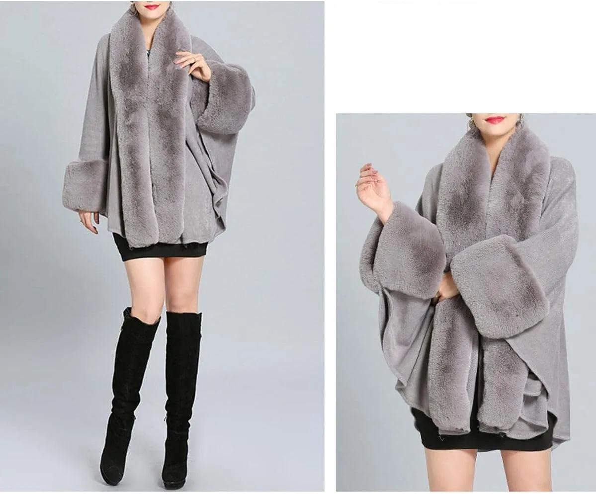 Cloak for Women Batwing Sleeve Faux Fur Trim Poncho Cardigan Shawl Cape Coat