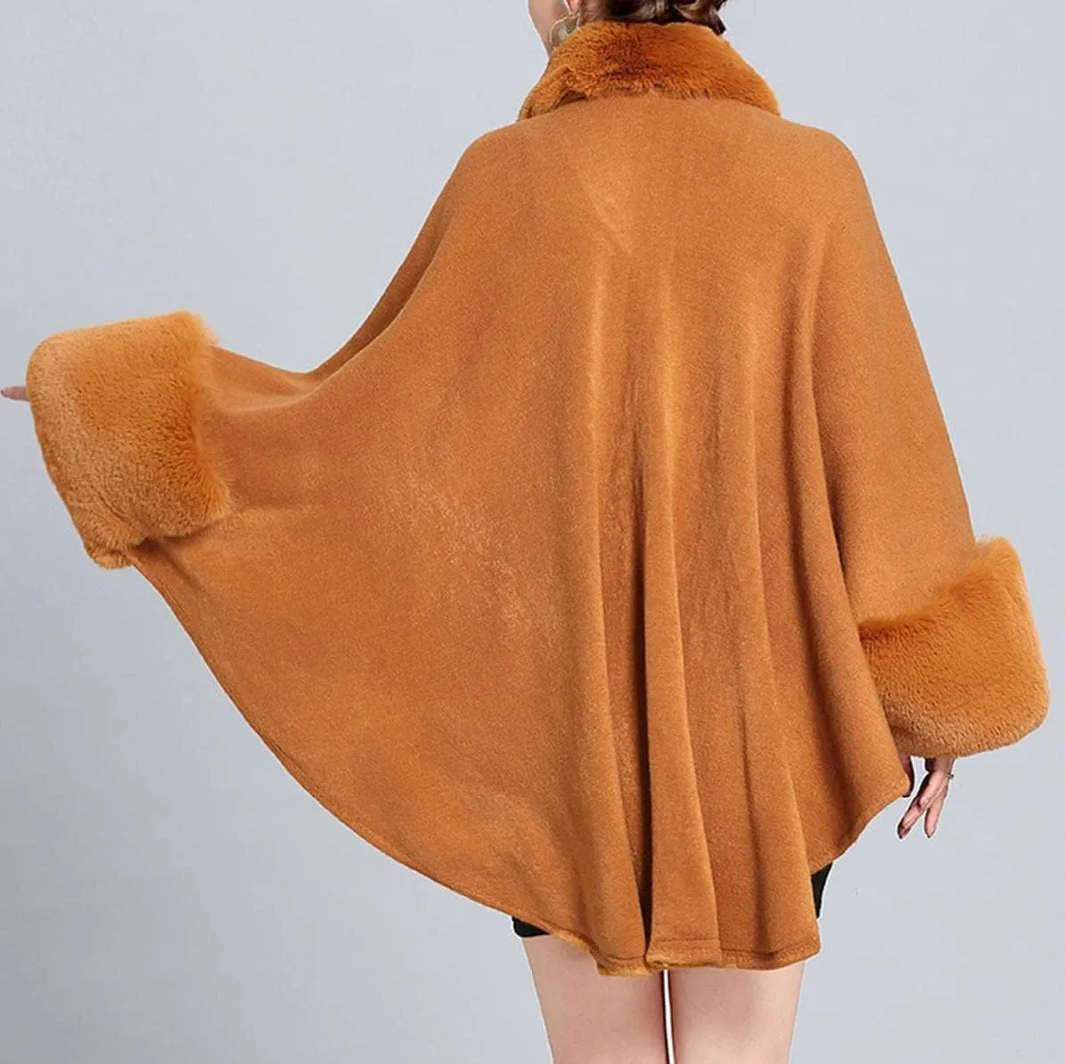 Cloak for Women Batwing Sleeve Faux Fur Trim Poncho Cardigan Shawl Cape Coat
