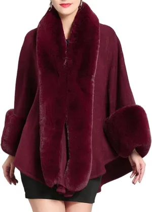 Cloak for Women Batwing Sleeve Faux Fur Trim Poncho Cardigan Shawl Cape Coat