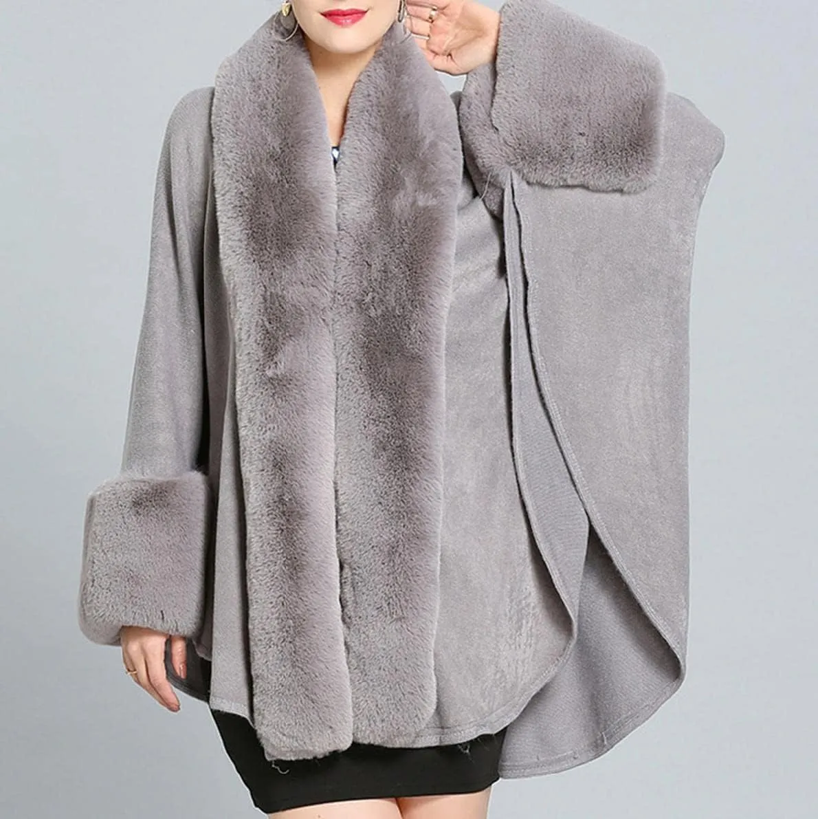 Cloak for Women Batwing Sleeve Faux Fur Trim Poncho Cardigan Shawl Cape Coat