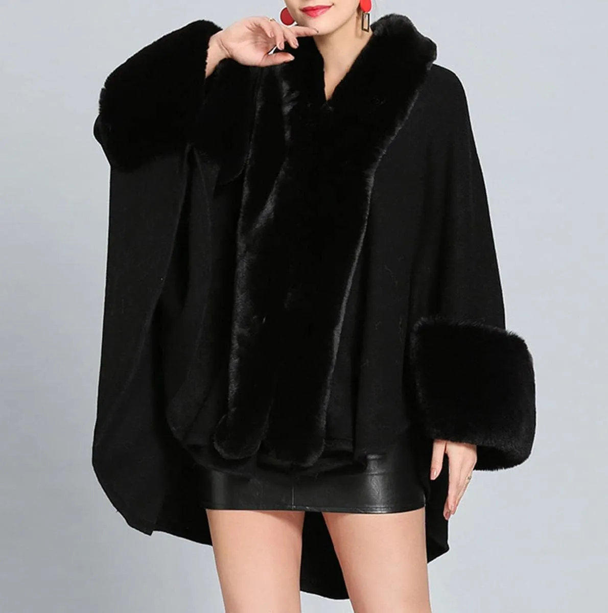 Cloak for Women Batwing Sleeve Faux Fur Trim Poncho Cardigan Shawl Cape Coat