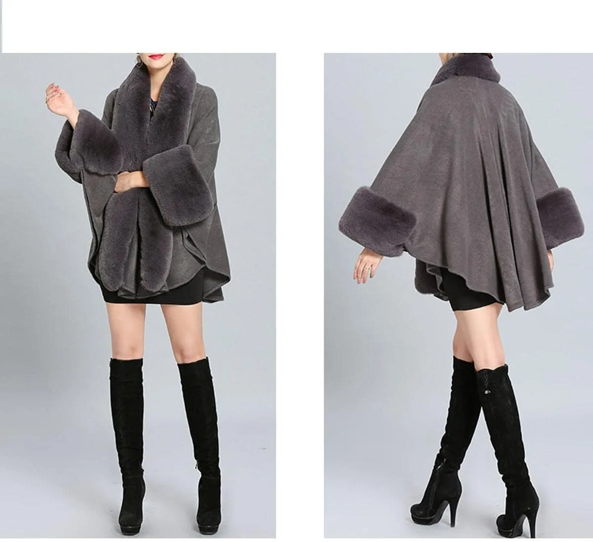 Cloak for Women Batwing Sleeve Faux Fur Trim Poncho Cardigan Shawl Cape Coat