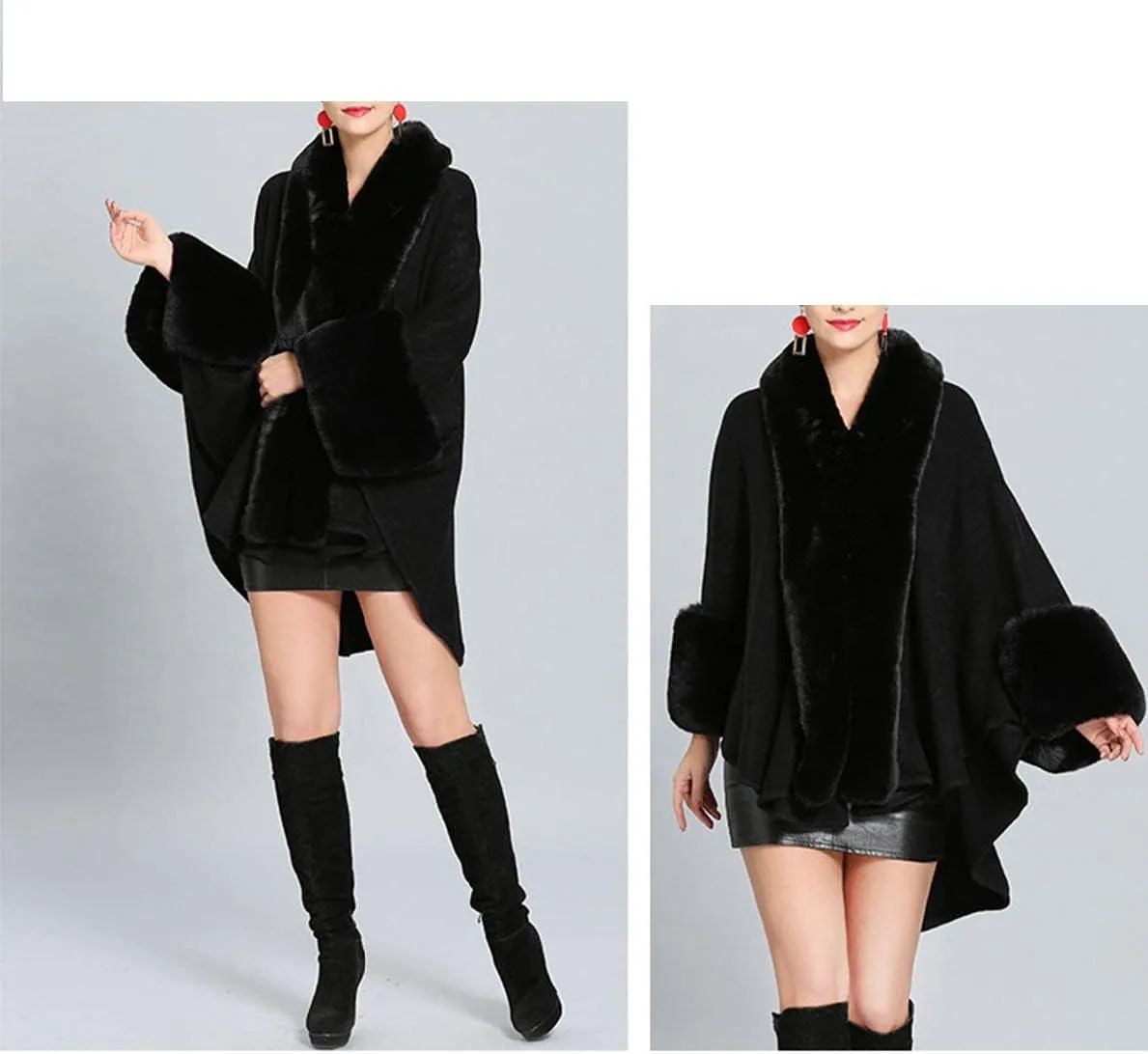 Cloak for Women Batwing Sleeve Faux Fur Trim Poncho Cardigan Shawl Cape Coat