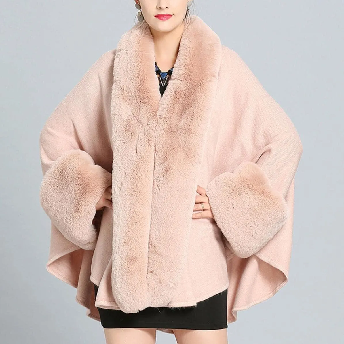 Cloak for Women Batwing Sleeve Faux Fur Trim Poncho Cardigan Shawl Cape Coat