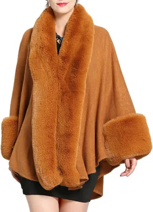 Cloak for Women Batwing Sleeve Faux Fur Trim Poncho Cardigan Shawl Cape Coat