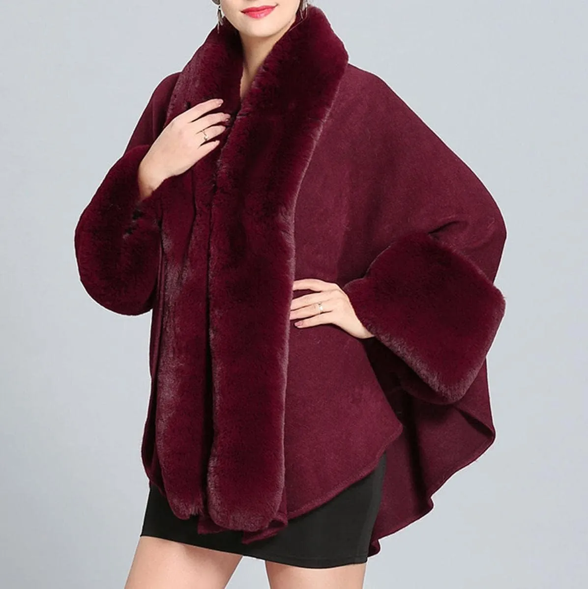 Cloak for Women Batwing Sleeve Faux Fur Trim Poncho Cardigan Shawl Cape Coat