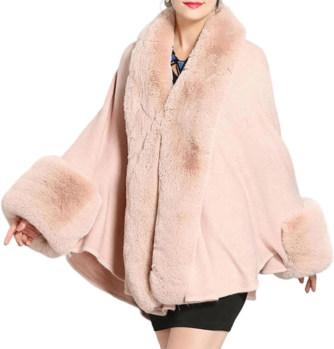 Cloak for Women Batwing Sleeve Faux Fur Trim Poncho Cardigan Shawl Cape Coat