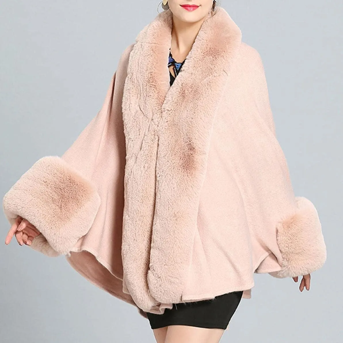 Cloak for Women Batwing Sleeve Faux Fur Trim Poncho Cardigan Shawl Cape Coat