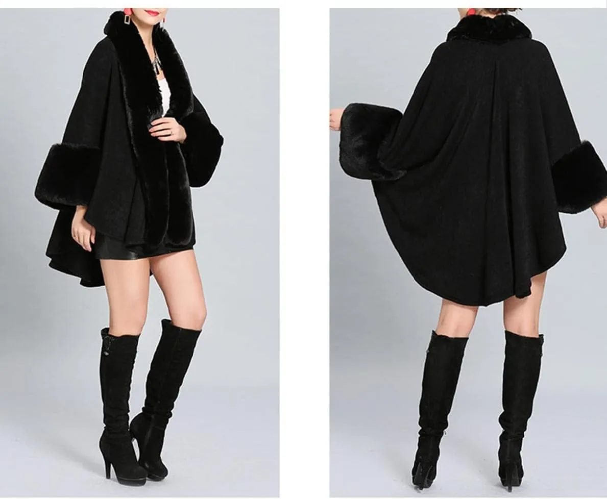 Cloak for Women Batwing Sleeve Faux Fur Trim Poncho Cardigan Shawl Cape Coat