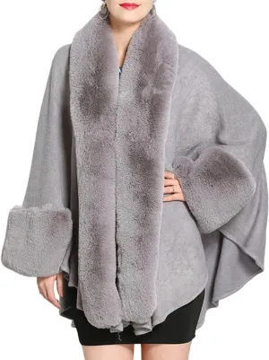Cloak for Women Batwing Sleeve Faux Fur Trim Poncho Cardigan Shawl Cape Coat