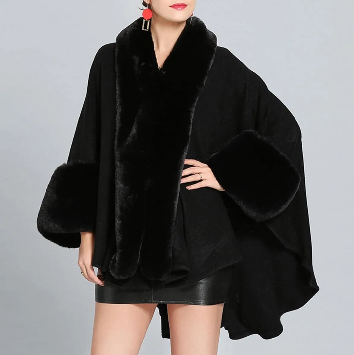 Cloak for Women Batwing Sleeve Faux Fur Trim Poncho Cardigan Shawl Cape Coat