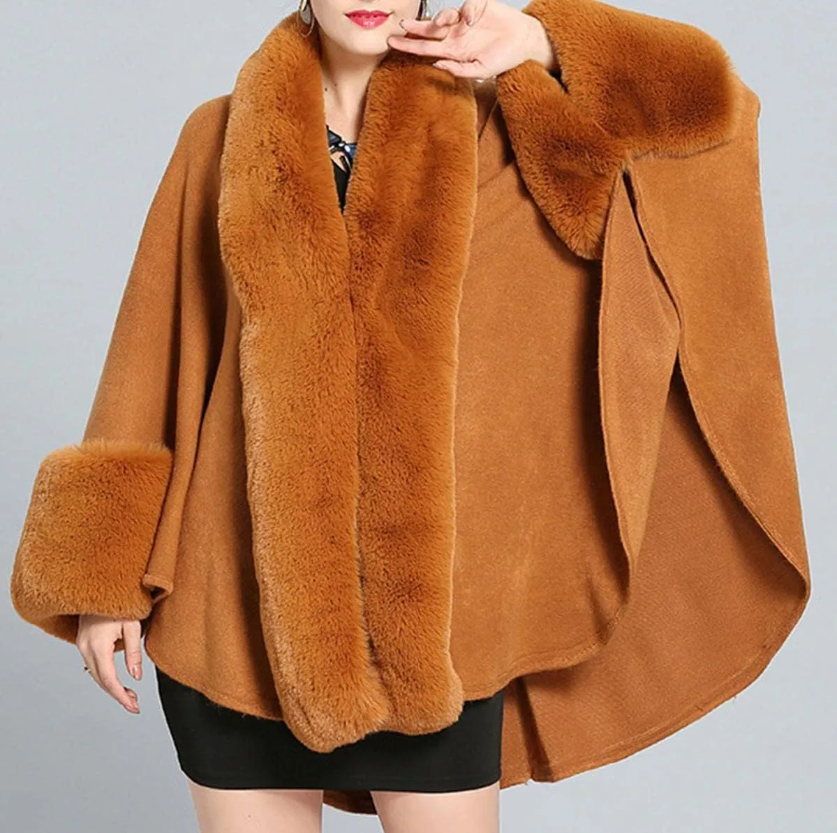 Cloak for Women Batwing Sleeve Faux Fur Trim Poncho Cardigan Shawl Cape Coat