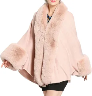 Cloak for Women Batwing Sleeve Faux Fur Trim Poncho Cardigan Shawl Cape Coat