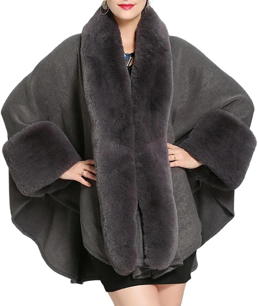 Cloak for Women Batwing Sleeve Faux Fur Trim Poncho Cardigan Shawl Cape Coat