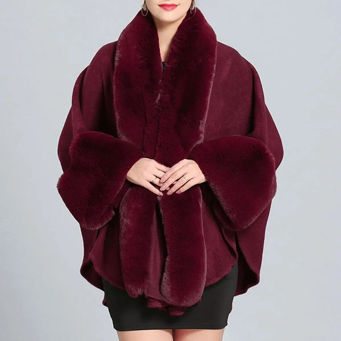 Cloak for Women Batwing Sleeve Faux Fur Trim Poncho Cardigan Shawl Cape Coat