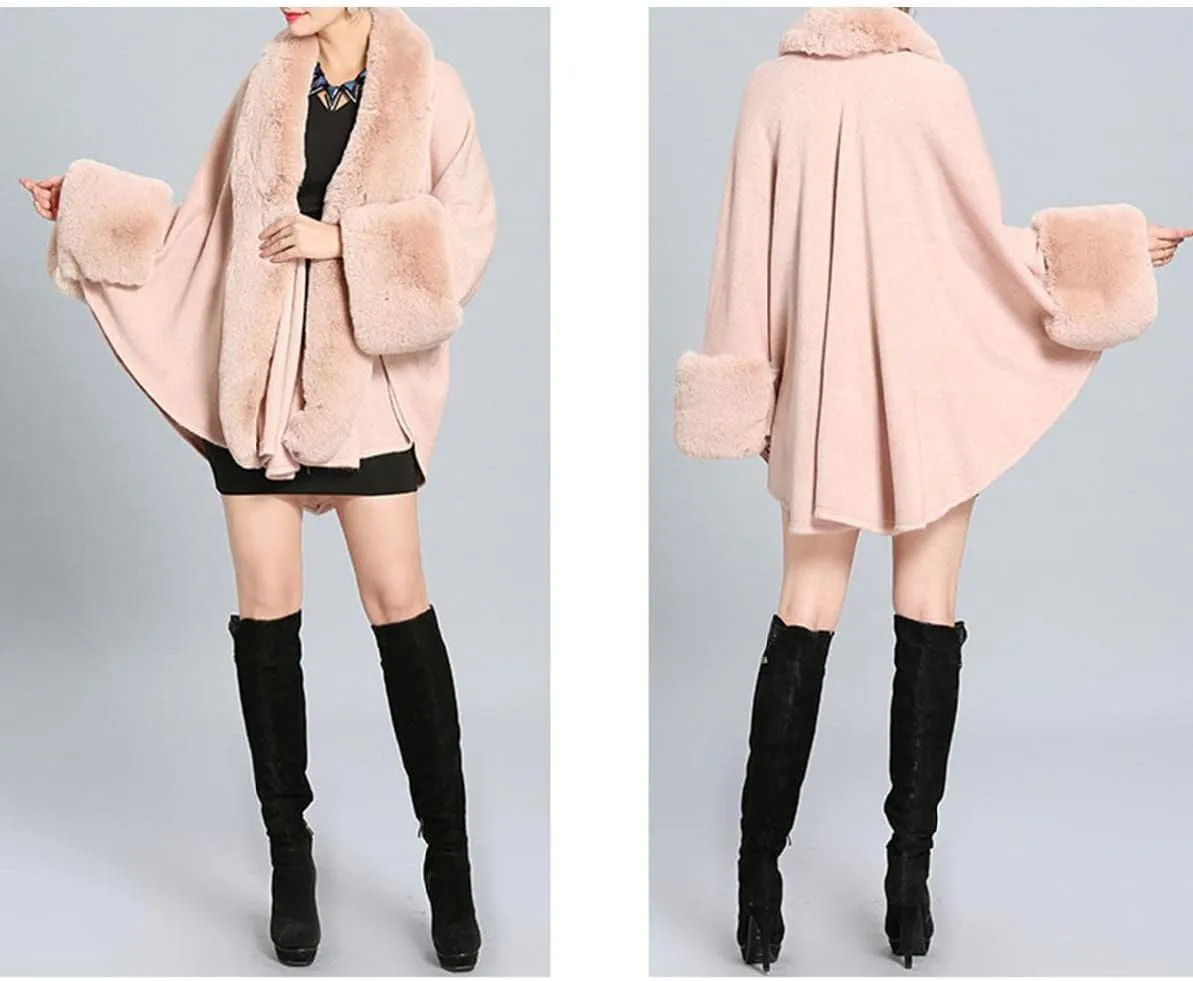 Cloak for Women Batwing Sleeve Faux Fur Trim Poncho Cardigan Shawl Cape Coat