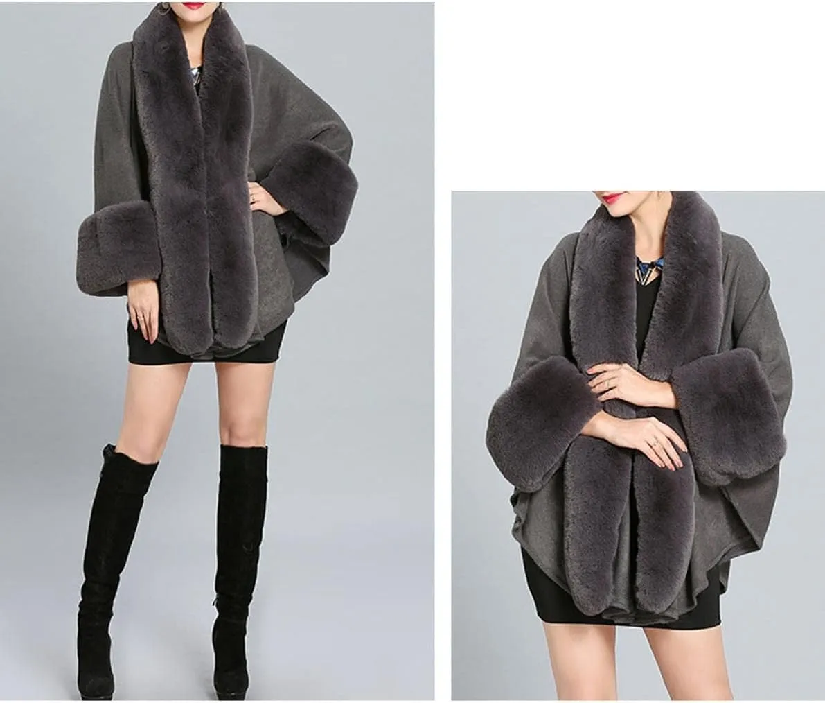 Cloak for Women Batwing Sleeve Faux Fur Trim Poncho Cardigan Shawl Cape Coat