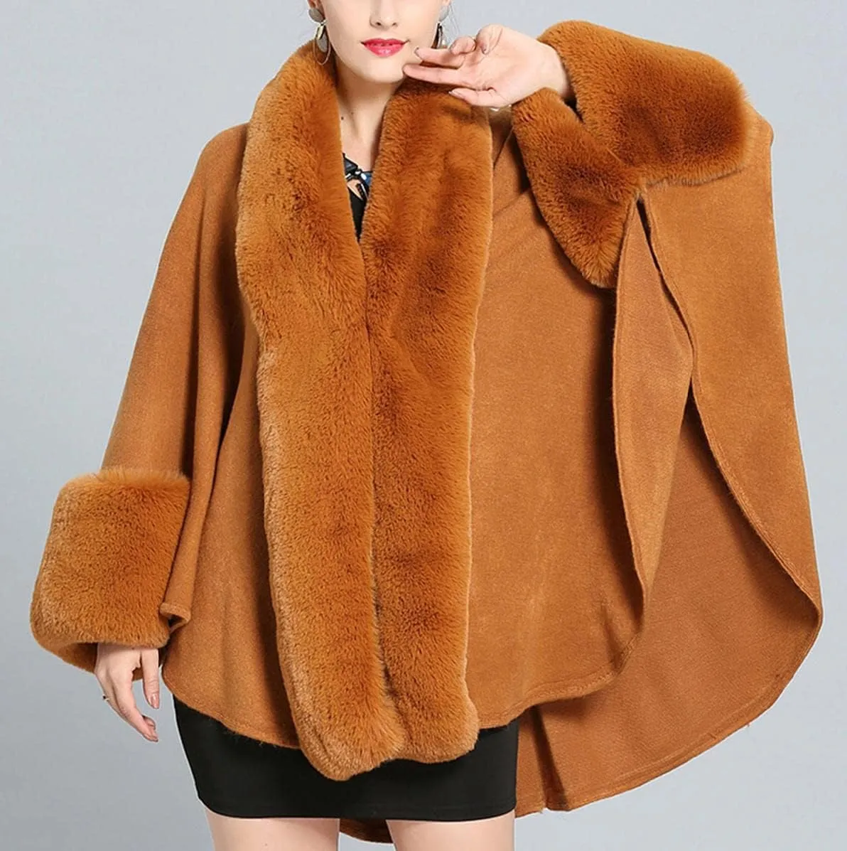 Cloak for Women Batwing Sleeve Faux Fur Trim Poncho Cardigan Shawl Cape Coat