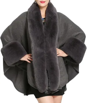 Cloak for Women Batwing Sleeve Faux Fur Trim Poncho Cardigan Shawl Cape Coat