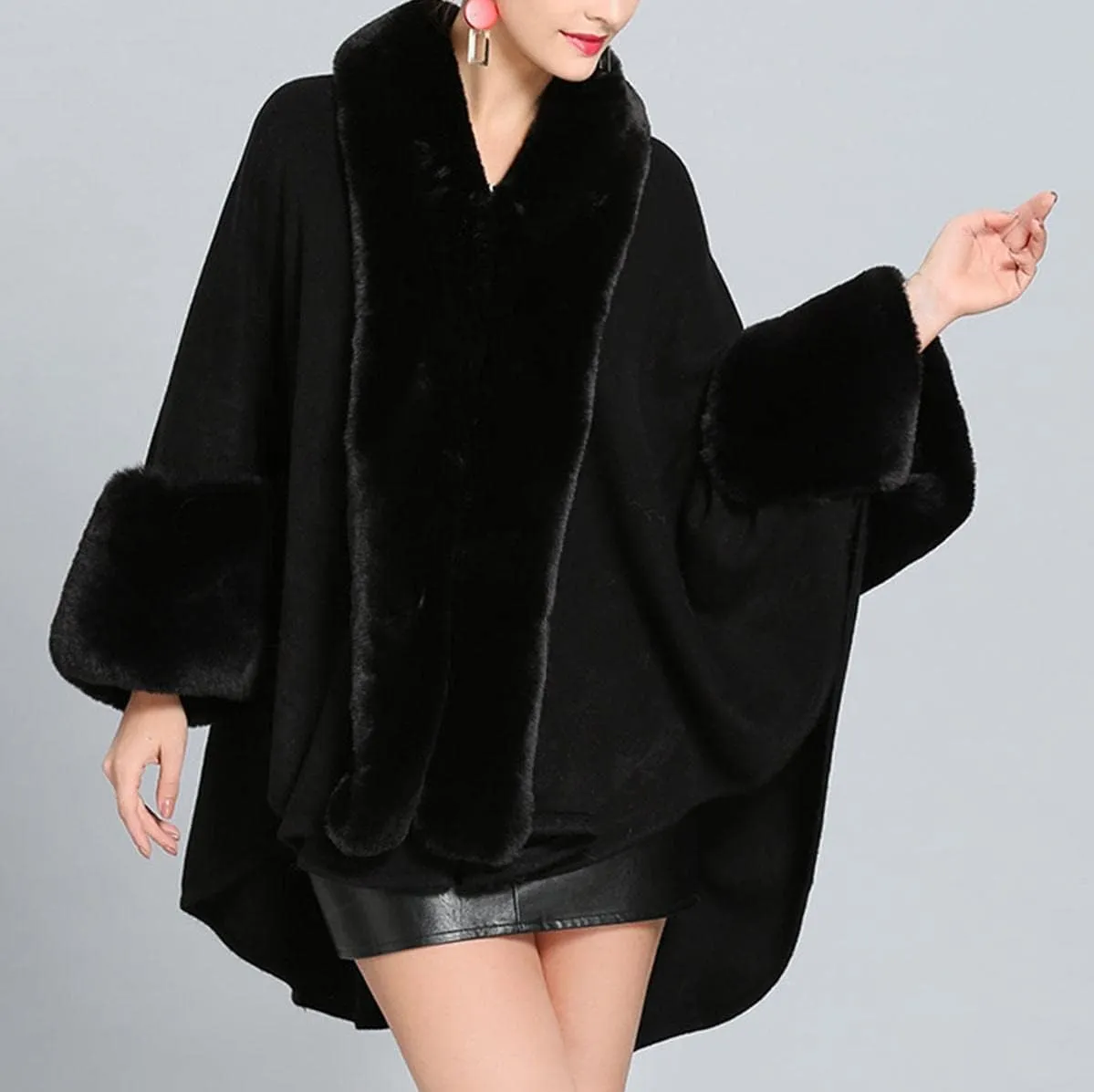 Cloak for Women Batwing Sleeve Faux Fur Trim Poncho Cardigan Shawl Cape Coat