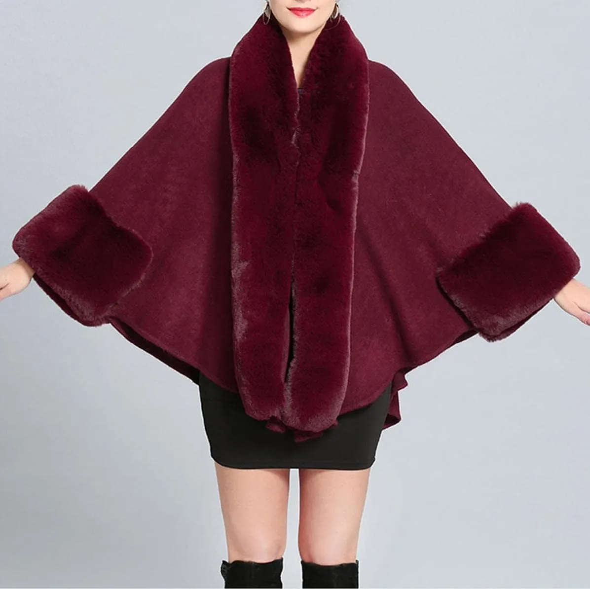 Cloak for Women Batwing Sleeve Faux Fur Trim Poncho Cardigan Shawl Cape Coat