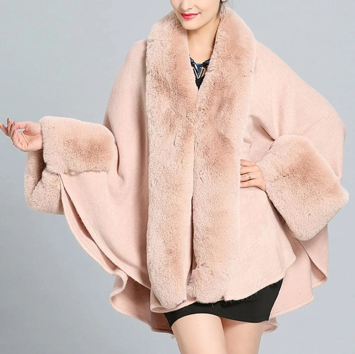 Cloak for Women Batwing Sleeve Faux Fur Trim Poncho Cardigan Shawl Cape Coat