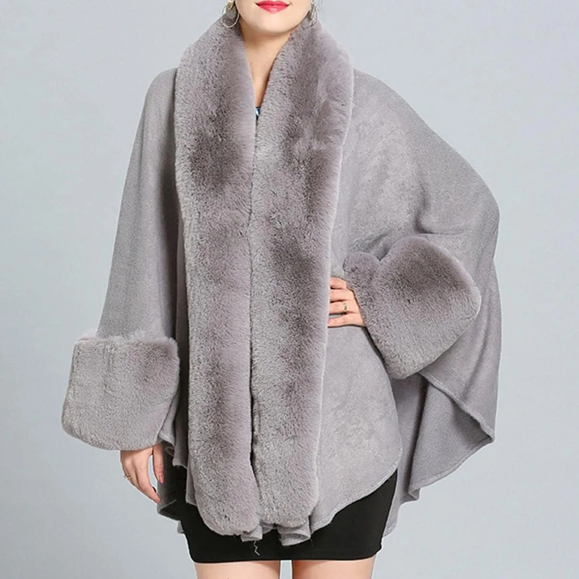 Cloak for Women Batwing Sleeve Faux Fur Trim Poncho Cardigan Shawl Cape Coat