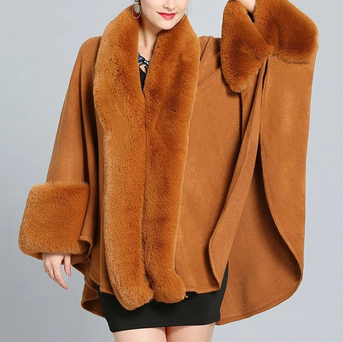 Cloak for Women Batwing Sleeve Faux Fur Trim Poncho Cardigan Shawl Cape Coat