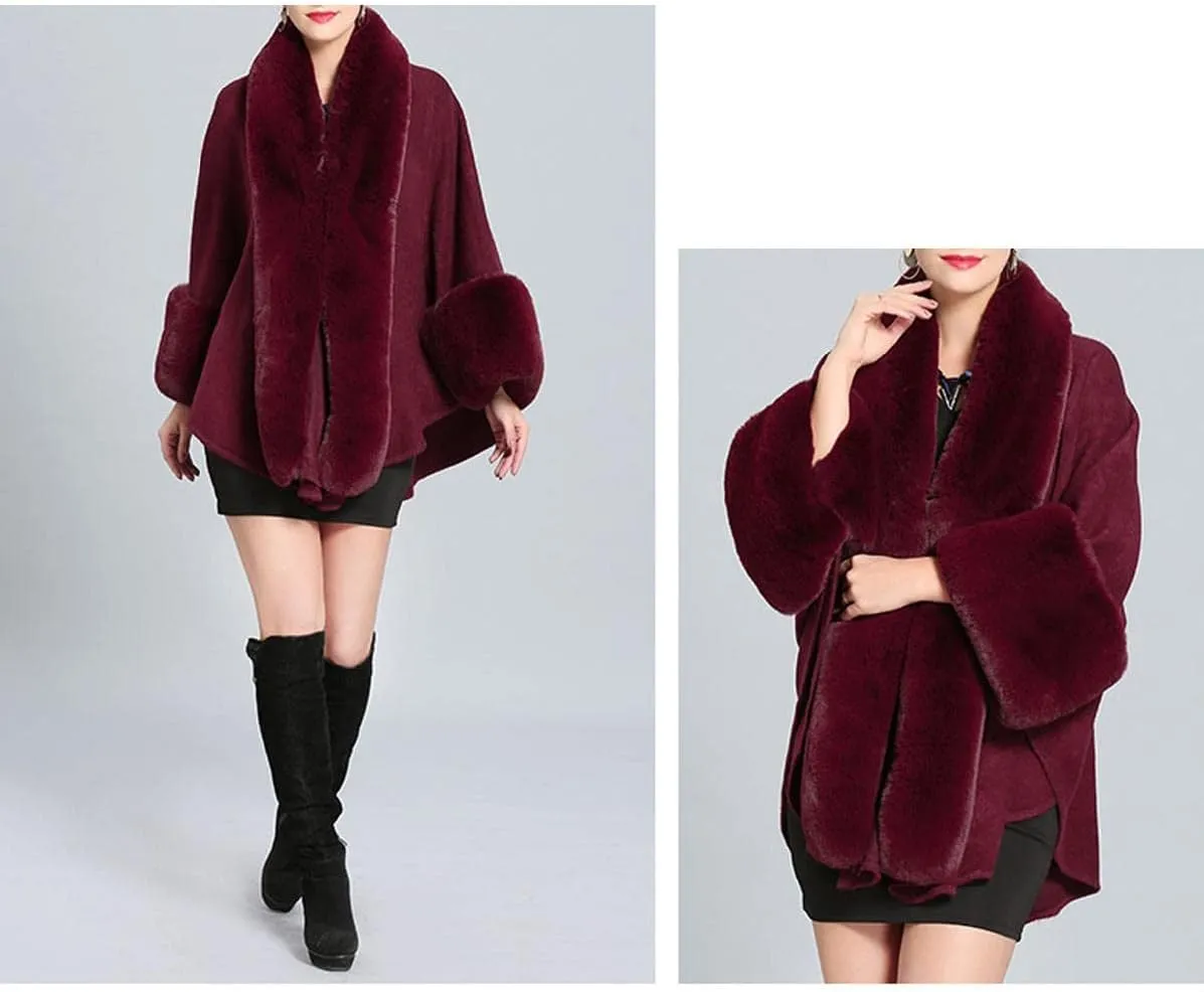 Cloak for Women Batwing Sleeve Faux Fur Trim Poncho Cardigan Shawl Cape Coat
