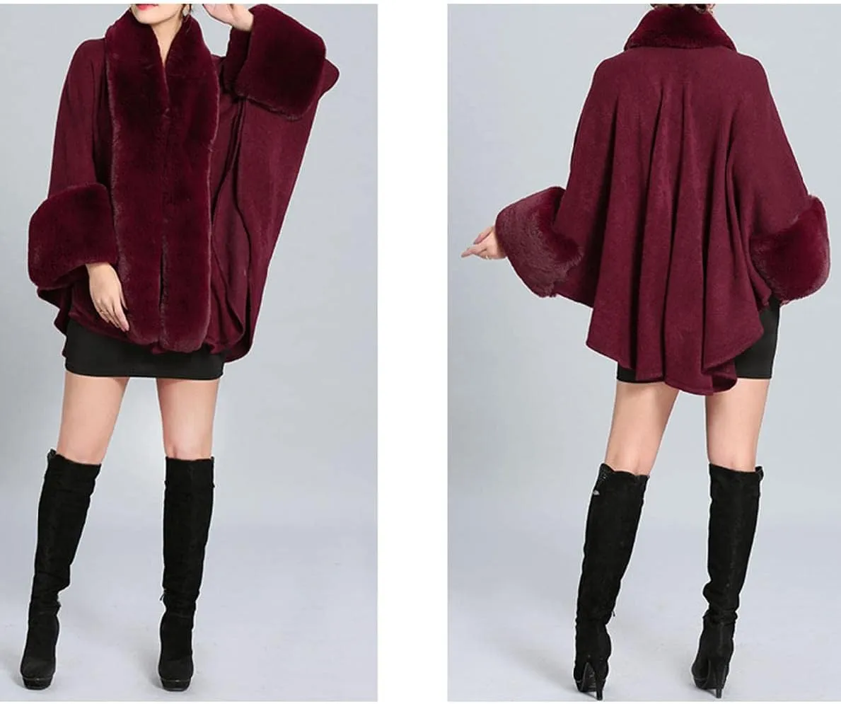 Cloak for Women Batwing Sleeve Faux Fur Trim Poncho Cardigan Shawl Cape Coat