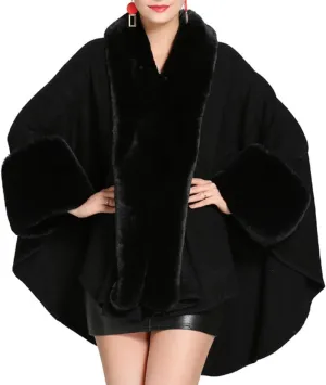 Cloak for Women Batwing Sleeve Faux Fur Trim Poncho Cardigan Shawl Cape Coat