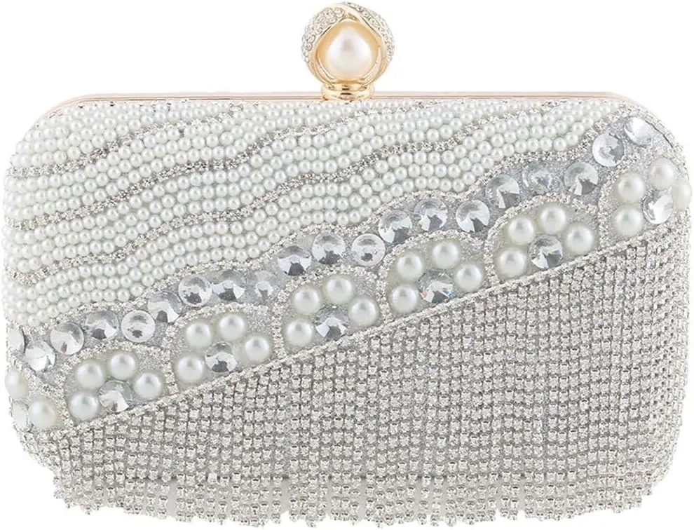 Clutch Purses for Women Pearl Evening Rhinestones Handbag Crystal Tassel Shoulder Bridal Wedding Purse Ladies Banquet