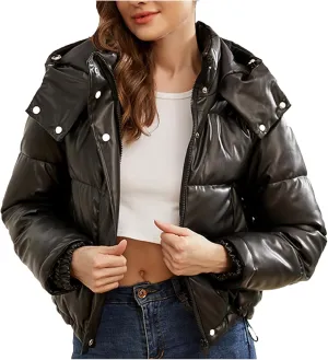 Cotton Down Jacket for Women Solid Hooded Crop Long Sleeve Padded Coat Winter Warm Thick Puffer Jackets Comfy Outwear