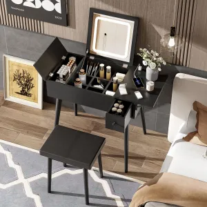 Couch.com Makeup Vanity Desk With Flip Top Mirror And LED Light, Dressing Table With Charging Station, 2 Drawers And Fold Up Panel, Vanity Set With Cushioned Stool For Bedroom Black, with Storage by Couch.com