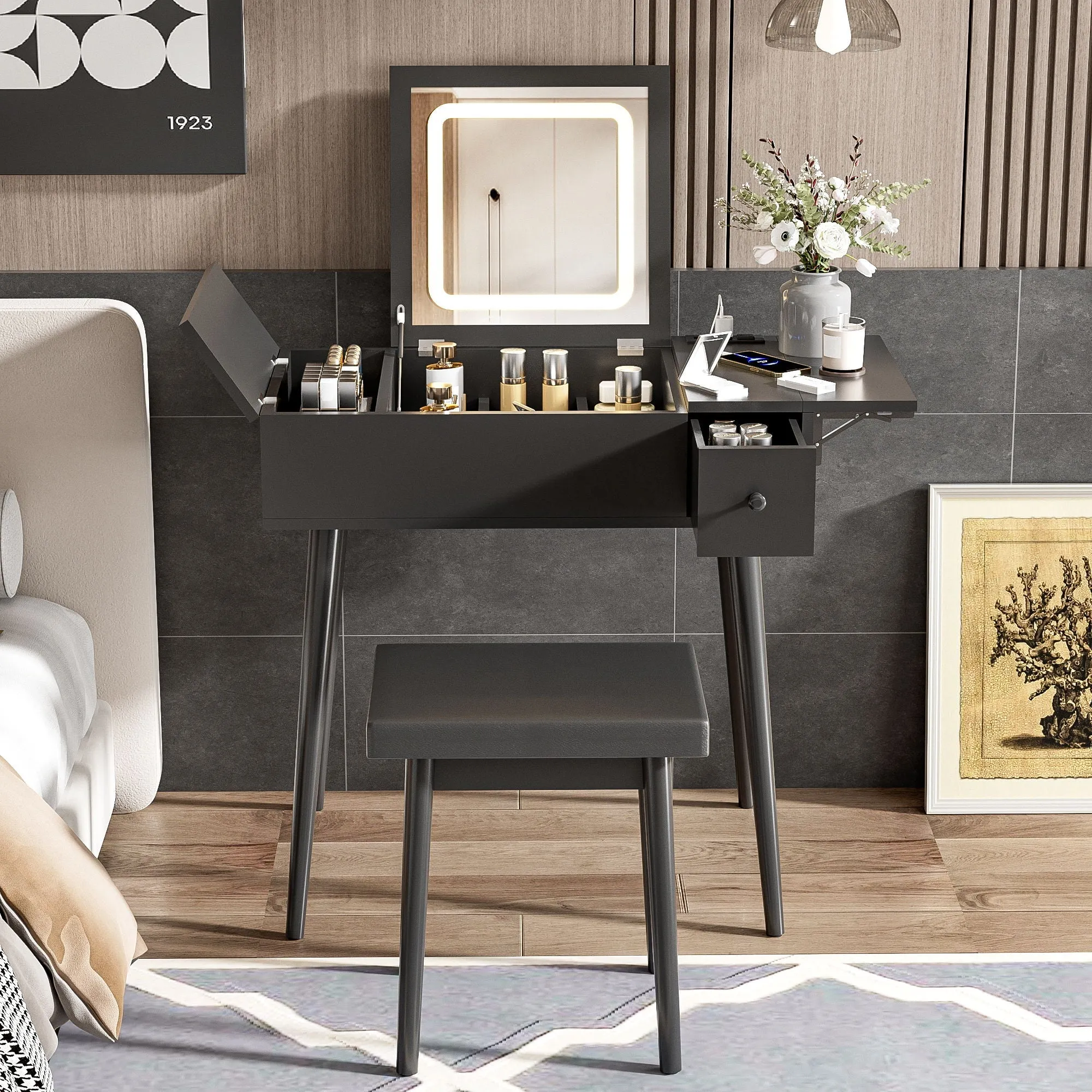 Couch.com Makeup Vanity Desk With Flip Top Mirror And LED Light, Dressing Table With Charging Station, 2 Drawers And Fold Up Panel, Vanity Set With Cushioned Stool For Bedroom Black, with Storage by Couch.com