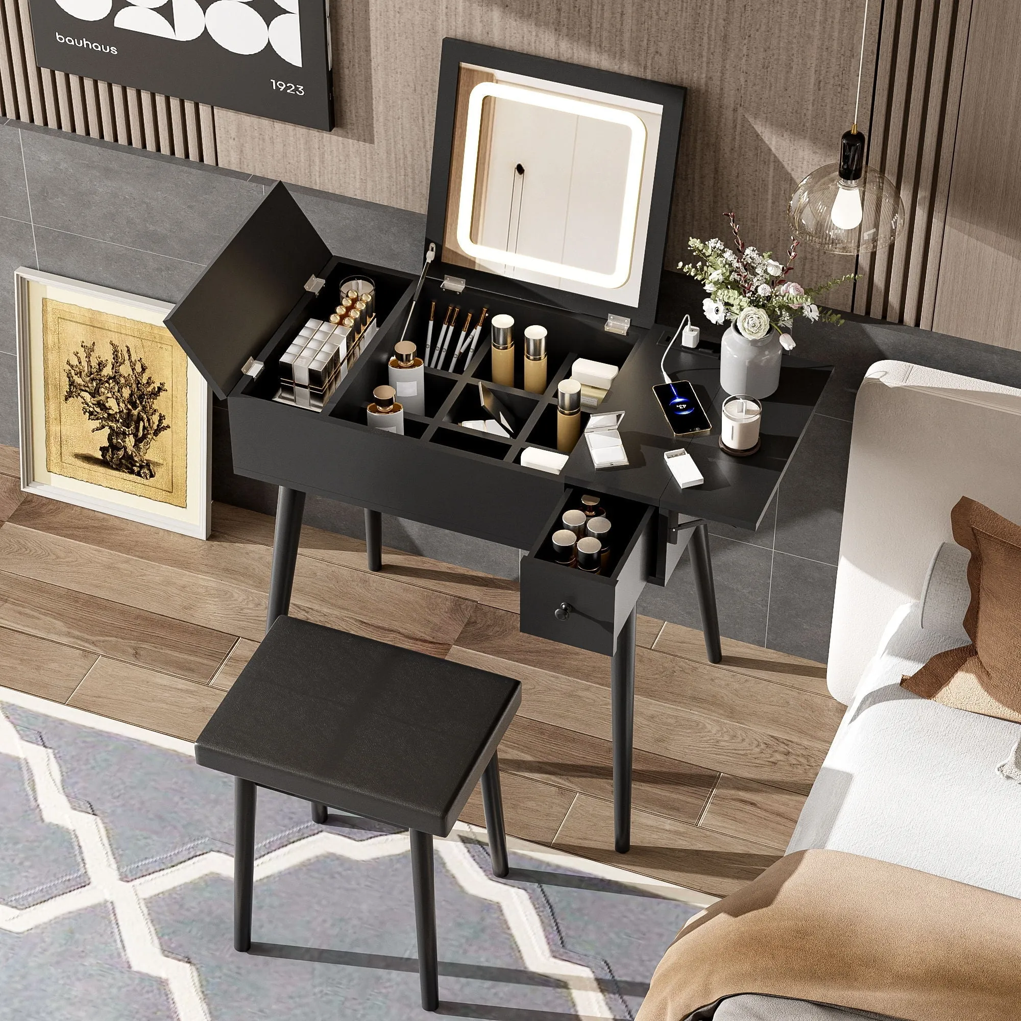 Couch.com Makeup Vanity Desk With Flip Top Mirror And LED Light, Dressing Table With Charging Station, 2 Drawers And Fold Up Panel, Vanity Set With Cushioned Stool For Bedroom Black, with Storage by Couch.com