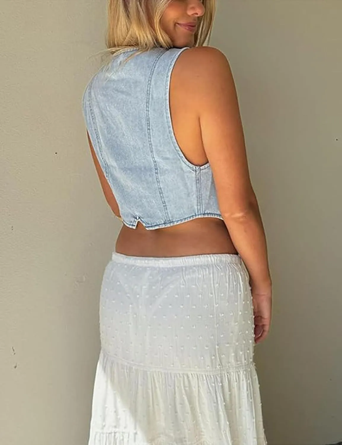 Cropped Y2K Denim Vest for Womens Button Down Sleeveless Corset Jean Tank Waistcoat