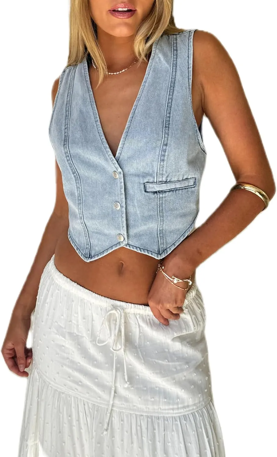 Cropped Y2K Denim Vest for Womens Button Down Sleeveless Corset Jean Tank Waistcoat