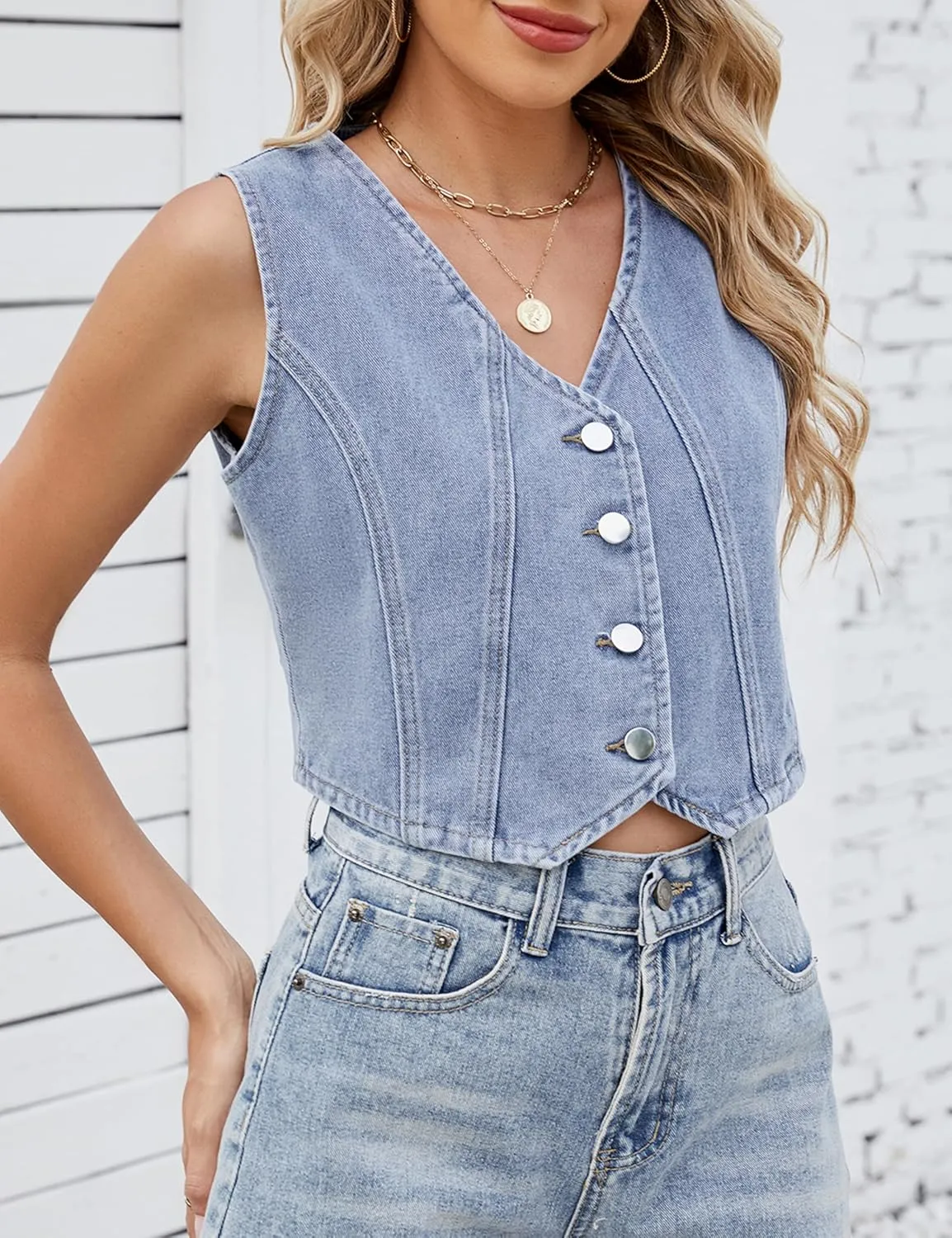 Cropped Y2K Denim Vest for Womens Button Down Sleeveless Corset Jean Tank Waistcoat