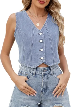 Cropped Y2K Denim Vest for Womens Button Down Sleeveless Corset Jean Tank Waistcoat