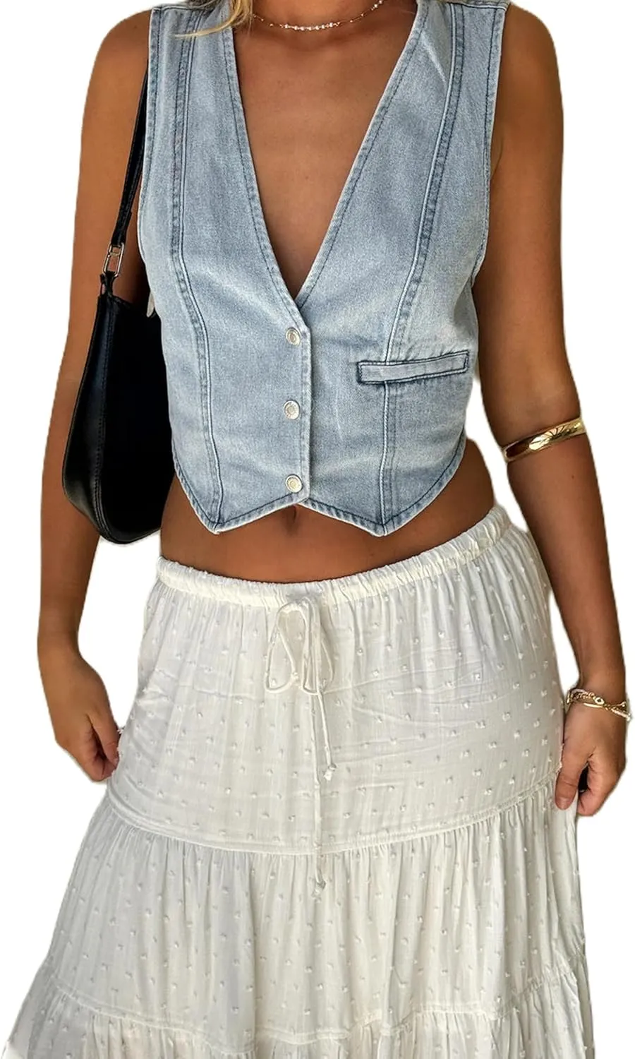 Cropped Y2K Denim Vest for Womens Button Down Sleeveless Corset Jean Tank Waistcoat